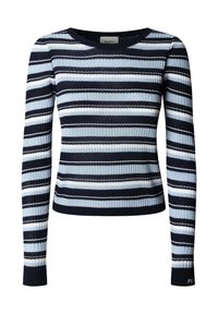 Marineblauer und hellblauer gestreifter Rippenstrickpullover mit langen Ärmeln und rundem Ausschnitt. Mit kontrastierenden horizontalen Streifen.