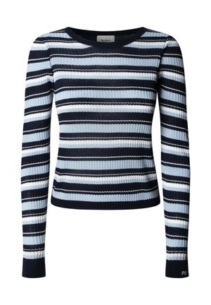 Marineblauwe en lichtblauwe geribbelde trui met lange mouwen en een ronde halslijn. Heeft contrasterende horizontale strepen.