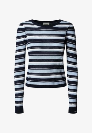 Marineblauwe en lichtblauwe geribbelde trui met lange mouwen en een ronde halslijn. Heeft contrasterende horizontale strepen.