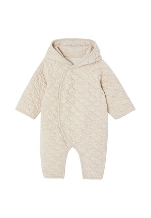Beige quilted baby romper with long sleeves, hood, and snap buttons along the front and inner legs for easy dressing.