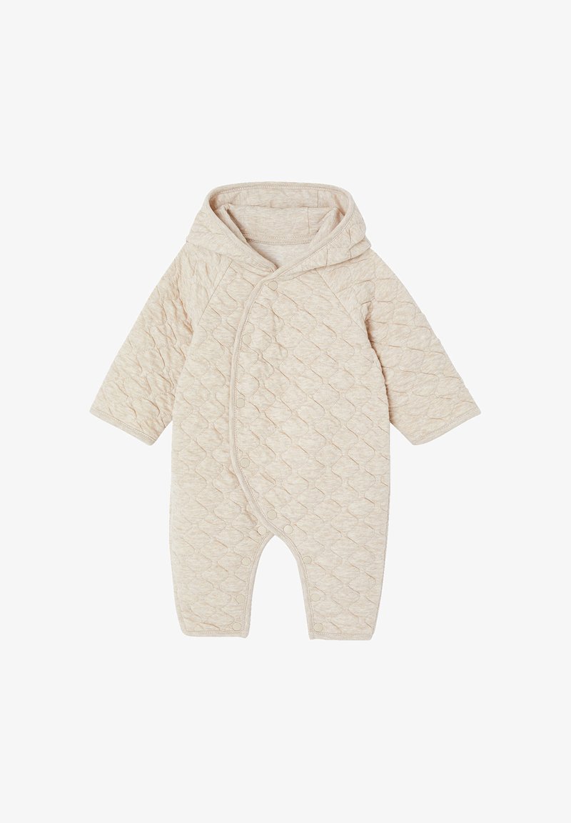 Beige quilted baby jumpsuit with long sleeves, a hood, and snap buttons running diagonally from neck to legs.