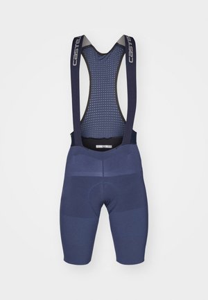 Pantaloni da ciclismo navy con bretelle, caratterizzati da un retro in mesh traspirante, sedile imbottito e dettagli a pannello testurizzati per comfort e vestibilità.