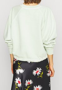 Ljusgrön sweatshirt med rund halsringning, avslappnad passform, ribbade ärmslut och nederkant. Den har en raglanärmdesign. Blommig kjol synlig nedanför.