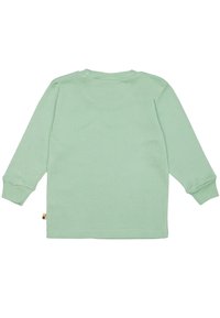 Camicia a maniche lunghe verde menta realizzata in tessuto morbido. Presenta un colletto rotondo e polsini a costine. Include un piccolo etichetta multicolore all'orlo.
