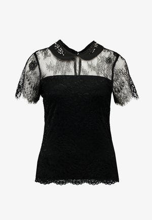 Czarna bluzka koronkowa z krótkimi rękawami, z prostym czarnym stanikiem, koronkowym wzorem i kołnierzykiem ozdobionym dekoracyjnymi koralikami.