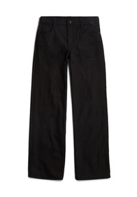 Pantaloni din denim negru cu croială dreaptă, închidere frontală cu nasture și design cu cinci buzunare. Textură netedă și detalii minime de cusătură.