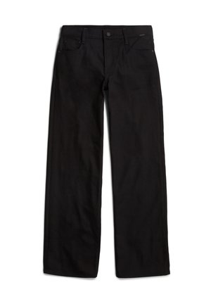 Black denim pants with a straight-leg cut, front button closure, and five-pocket design. Smooth texture and minimal stitching details.