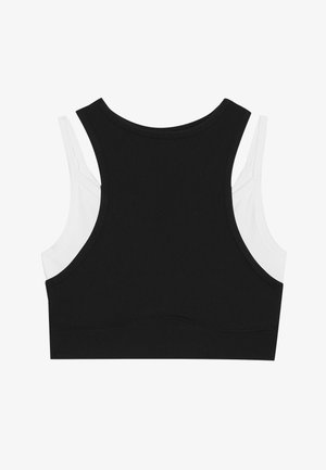 Juoda ir balta juostuota sportinė liemenėlė su apvaliu iškirpimu ir sportine nugara, turinti sluoksniuotas petnešas ir lygų audinio paviršių.