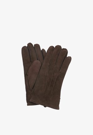 Bruine suède handschoenen met een zachte textuur, vijf vingers, verstevigde stiksels en een strak ontwerp. Geen zichtbare metalen onderdelen of versieringen.