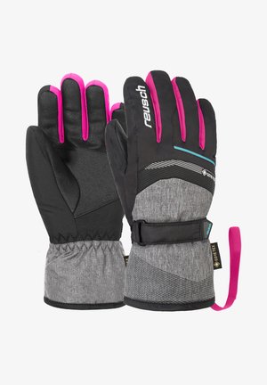 Zwarte en grijze winterhandschoenen met roze accenten, gemaakt van waterdicht materiaal, voorzien van een gestructureerde grip, elastische manchetten en verstelbare banden.