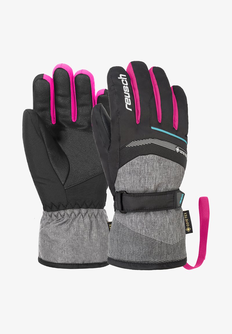 Musta ja harmaa talvihanskat, joissa on vaaleanpunaisia yksityiskohtia, valmistettu vedenpitävästä materiaalista. Hanskoissa on teksturoitu pito, joustavat hihnat ja säädettävät remmit.