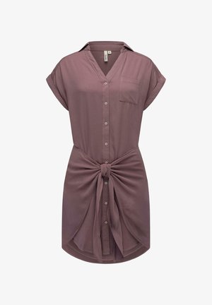 Short-sleeve shirt dress in mauve, featuring a button-down front, a chest pocket, and a tied waist detail. Smooth fabric, flowing shape.