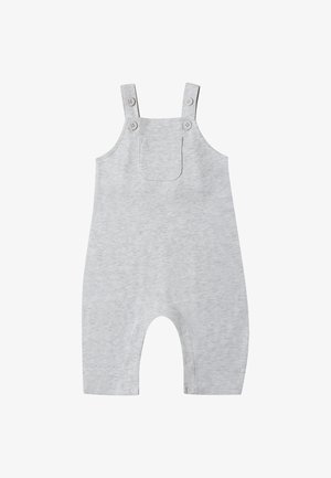 Grauer Baumwoll-Overall mit verstellbaren Trägern, Knopfdetails, einer Brusttasche und Druckknopfverschlüssen am unteren Ende für ein einfaches Wechseln.