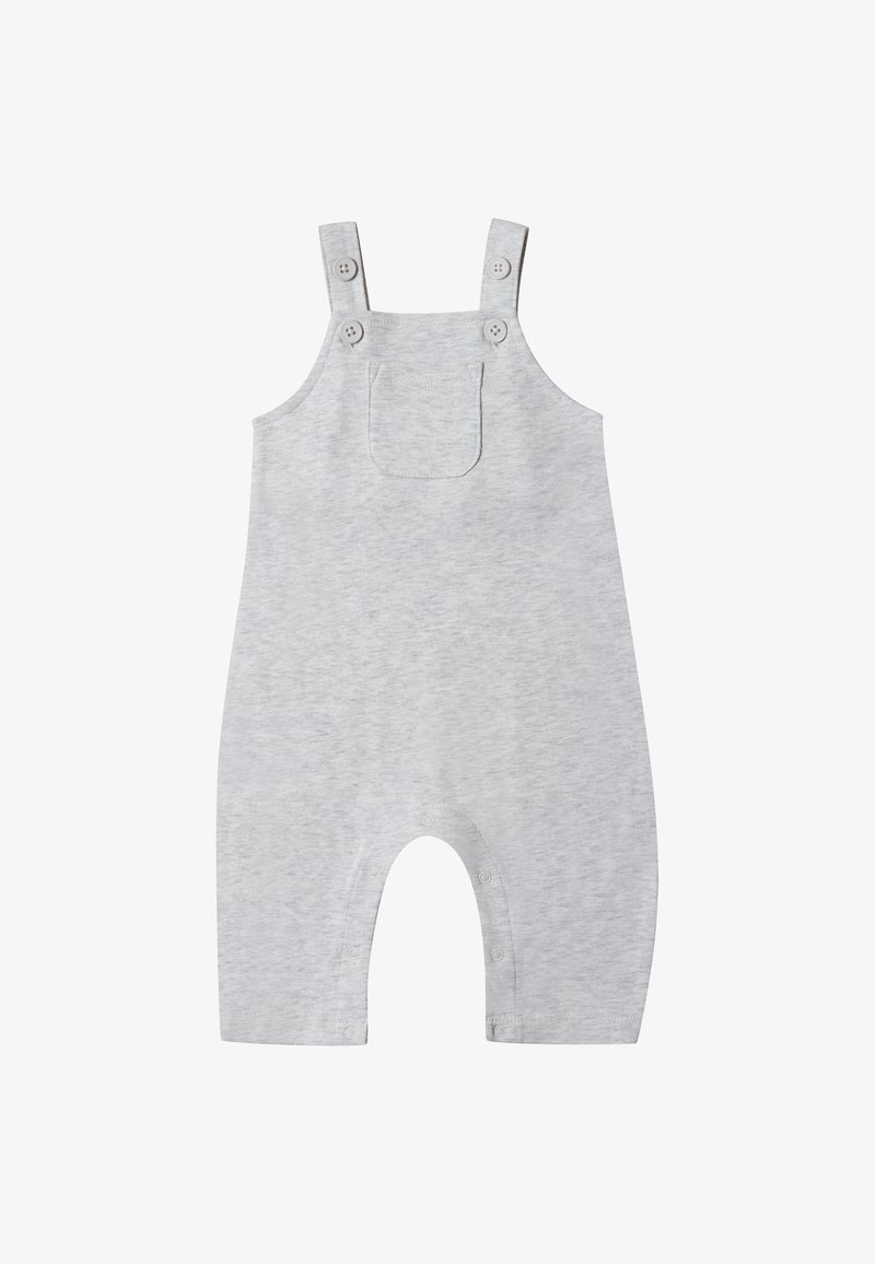 Grijze katoenen overall met verstelbare schouderbanden, knoopaccenten, een borstzak en drukknoopsluitingen onderaan voor gemakkelijke verschoning.