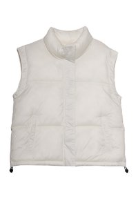 Gilet imbottito bianco senza maniche con collo alto, due tasche frontali, texture trapuntata e cordini regolabili all'orlo.