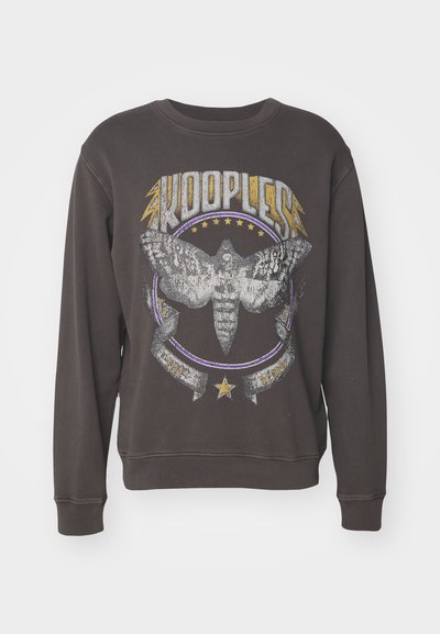 Brown sweatshirt with long sleeves, featuring a large graphic of a moth, text "KOOPLE," and stars in silver and purple accents.
