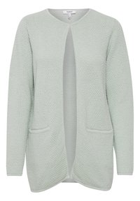 Cardigan lavorato a maglia verde chiaro con apertura frontale, tessuto testurizzato, maniche lunghe e due tasche anteriori. Materiale morbido con vestibilità rilassata.