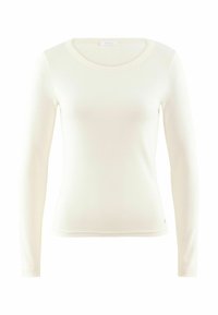 Maglione da donna a maniche lunghe in maglia a coste di colore crema con scollatura rotonda e silhouette aderente.
