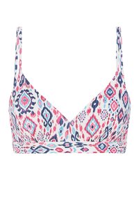 Top de bikini triangular con un vibrante patrón geométrico en rosa, azul y marino sobre un fondo blanco. Tirantes finos ajustables y un acabado suave.