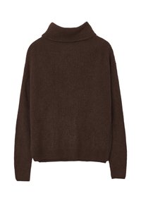 Felpa marrone con collo alto e arrotolato. Tessuto lavorato a maglia, vestibilità ampia, spalle cadenti e orlo dritto. Il materiale sembra morbido e corposo.
