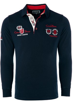 Navy long-sleeve rugby polo shirt with red accents, button placket, embroidered logos, and ribbed cuffs. Cotton fabric ensures comfort.