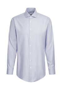Camicia a quadri blu chiaro, maniche lunghe, colletto button-down, realizzata in morbido cotone. Presenta bottoni bianchi e orlo curvo.