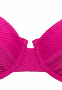 Rožinė bikini viršutinė dalis su stangria tekstūra, turinti be siūlių dizainą ir kontūruotas kaušeles. Dirželiai suliejasi su audiniu, sukurdami vieningą įvaizdį.