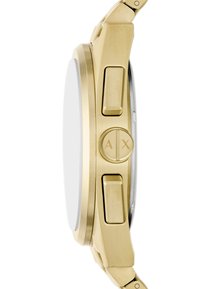 Orologio oro con cassa rotonda, pulsanti laterali testurizzati e superficie liscia. Presenta un logo AX prominente sul pulsante centrale.