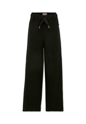 Zwarte wijde broek van zachte stof, met een elastische tailleband en een gestrikte trekkoord, evenals details van goudkleurig metaal.