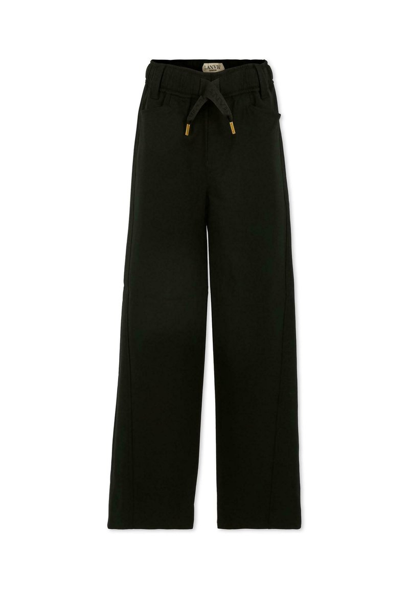 Zwarte wijde broek van zachte stof, met een elastische tailleband en een gestrikte trekkoord, evenals details van goudkleurig metaal.