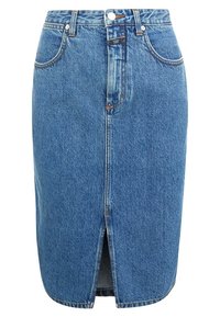Sukně z modrého denimu s vysokým pasem, předním rozparkem, poutky na pásek, dvěma předními kapsami a knoflíkovým zapínáním.