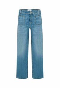 Lichtblauwe straight-leg jeans van zachte denim met een vervaagde gradient, voorzien van twee voorzakken en een knoopsluiting bij de taille.