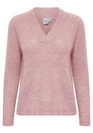 Pull en maille rose à manches longues, décolleté en V, et texture douce. Présente des détails côtelés au niveau du décolleté et des poignets.