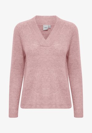 Pull en maille rose à manches longues, décolleté en V, et texture douce. Présente des détails côtelés au niveau du décolleté et des poignets.