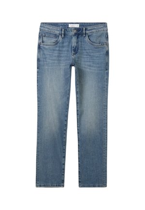 Light blue denim jeans with a straight cut, five pockets, a button and zipper closure, and subtle fading for a worn look.