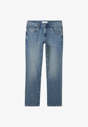 Light blue denim jeans with a straight cut, five pockets, a button and zipper closure, and subtle fading for a worn look.
