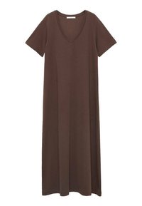 Abito brown a maniche corte con scollatura a V, realizzato in tessuto morbido, presenta una vestibilità ampia e un design lungo fino alla caviglia con una silhouette pulita e semplice.