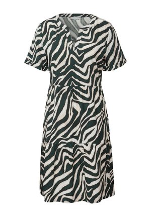 Zebra-print mekko, jossa on V-pääntie, lyhyet hihat ja kerroksellinen hame, jossa on kiristetty vyötärö. Värit ovat tummanvihreä, valkoinen ja musta.