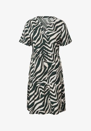 Zebra-print mekko, jossa on V-pääntie, lyhyet hihat ja kerroksellinen hame, jossa on kiristetty vyötärö. Värit ovat tummanvihreä, valkoinen ja musta.