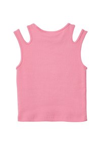 Roze geribbelde tanktop met brede schouderuitsparingen, ronde halslijn en een getailleerd ontwerp. Zachte textuur en effen kleur. Geen patronen of accenten.