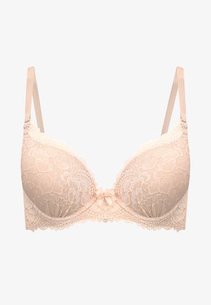 Spitzen-BH in Nude-Farbe mit gewellten Kanten, gepolsterten Körbchen und einer kleinen Satin-Schleife in der Mitte. Verstellbare Träger für eine perfekte Passform.