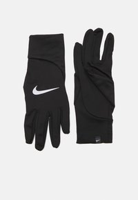 Black athletic gloves made of smooth, stretchy fabric, featuring a white Nike logo on the wrist area and standard finger coverage.