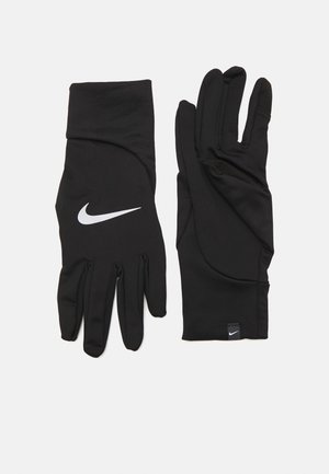 Černé sportovní rukavice vyrobené z hladké, elastické látky, se bílým logem Nike v oblasti zápěstí a standardním pokrytím prstů.