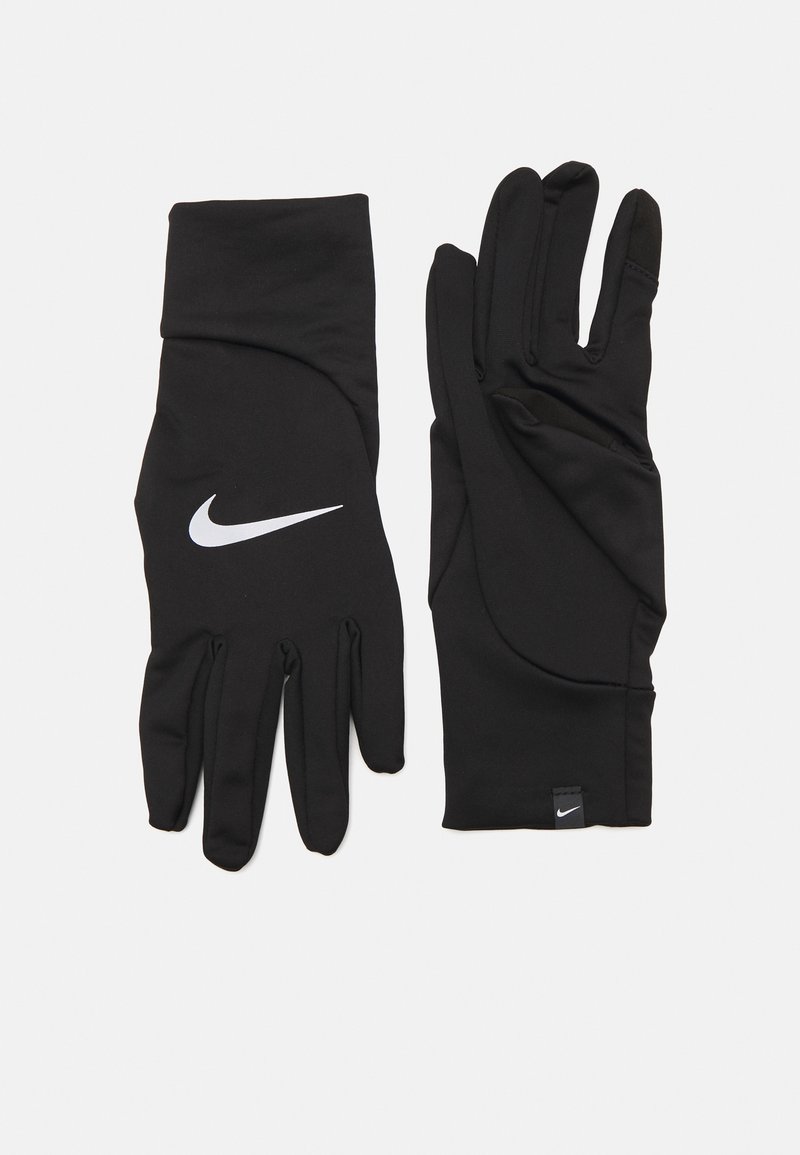 Black athletic gloves made of smooth, stretchy fabric, featuring a white Nike logo on the wrist area and standard finger coverage.