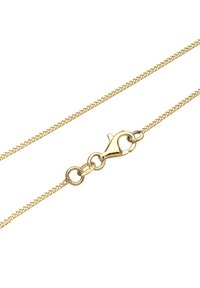 Halskette mit goldfarbener Kette und strukturiertem Glieddesign. Verfügt über einen Karabinerverschluss und kreisförmige Glieder. Glatte, glänzende Oberfläche.