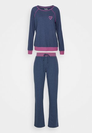 Dark blue long-sleeve top with pink striped cuffs and heart detail, paired with matching dark blue pants with a pink drawstring waistband.