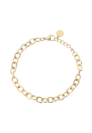 Bracciale a catena d'oro con maglie ovali e chiusura a moschettone, dotato di estensione regolabile e piccolo ciondolo rotondo vicino alla chiusura.