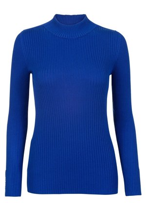 Langærmet blå ribstrikket sweater med høj hals, tætsiddende pasform og knapdetaljer på ærmekanterne.