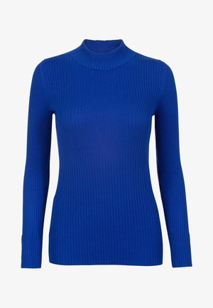 Pull bleu côtelé à manches longues avec col montant, coupe ajustée et détails de boutons aux poignets.