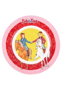 Piatto di plastica rotondo con Bibi e Tina a cavallo. Design centrale giallo con bordi rossi e rosa, personaggi illustrati e dettagli.